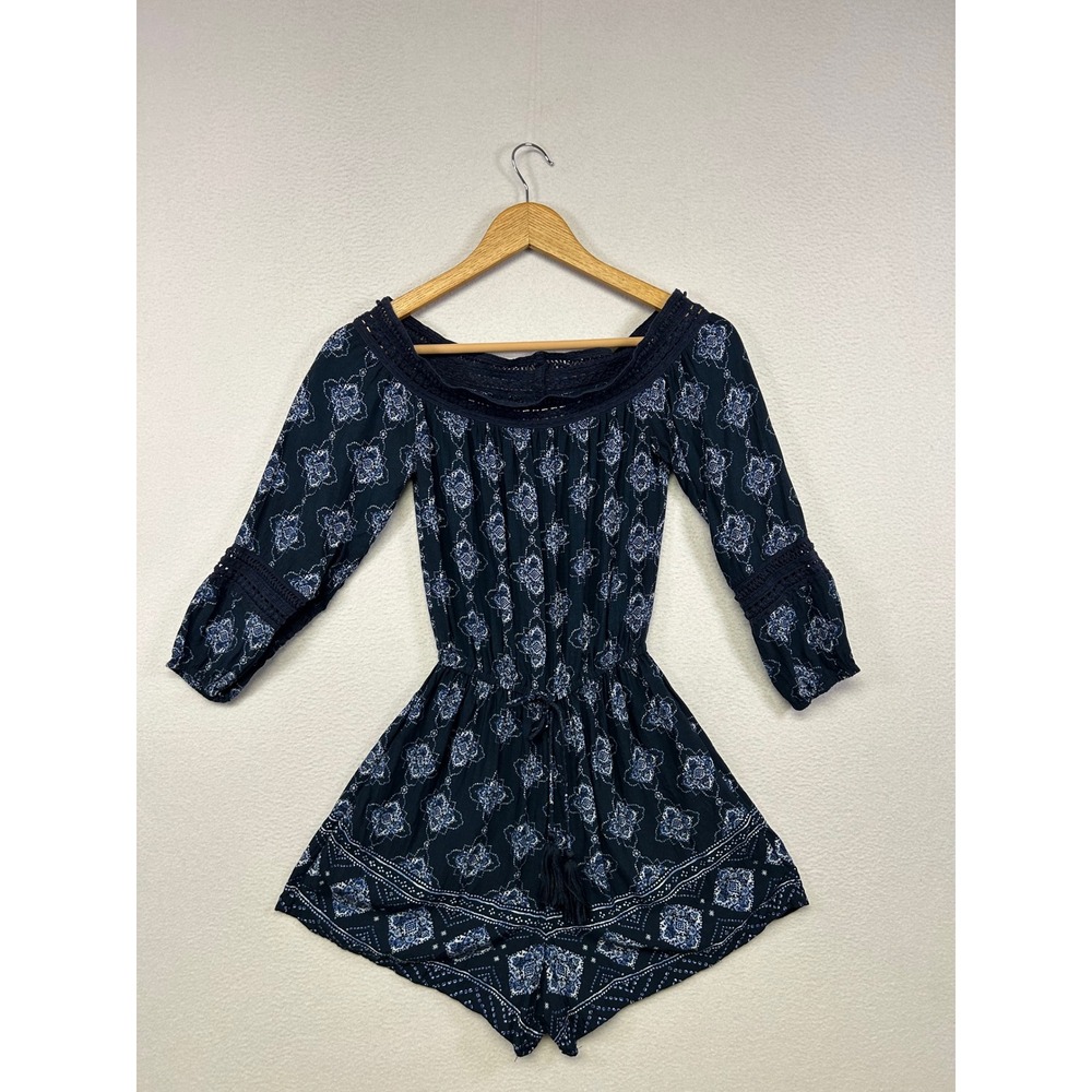 Boho Festival Hollister Womens XS Navy Blue Medallion Off Shoulder Romper
